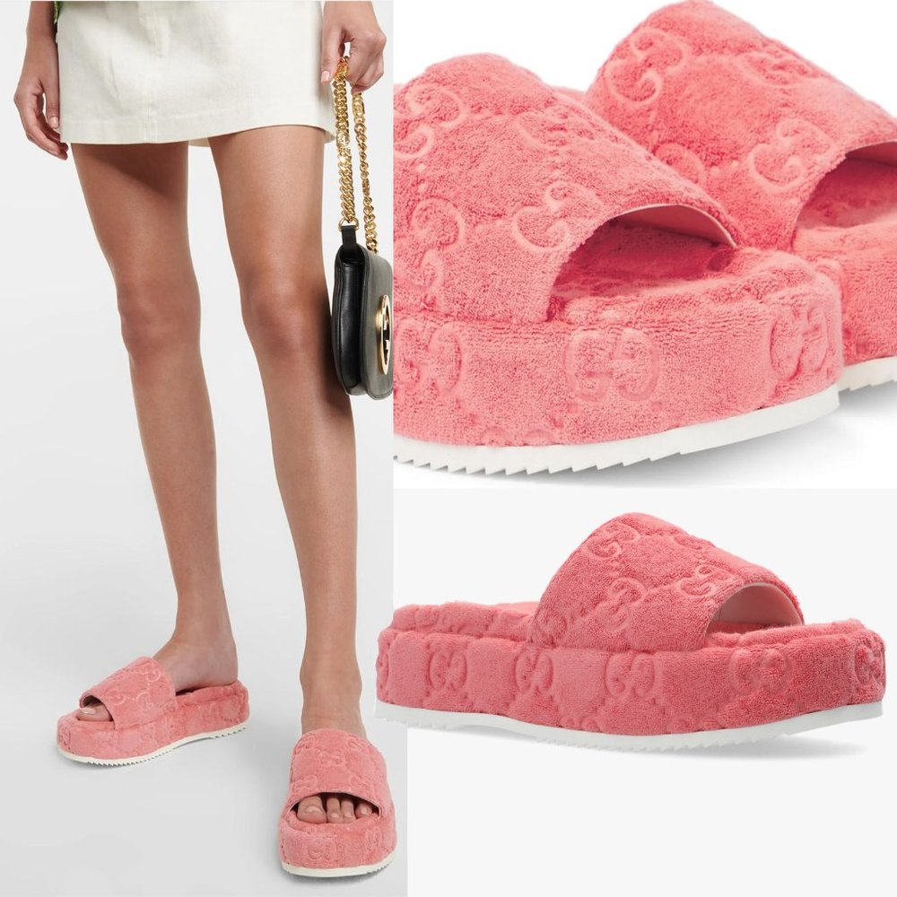 GUCCI SHOES GG SUPREME PINK TERRY PLATFORM SLIDEsz 38.5 8.5